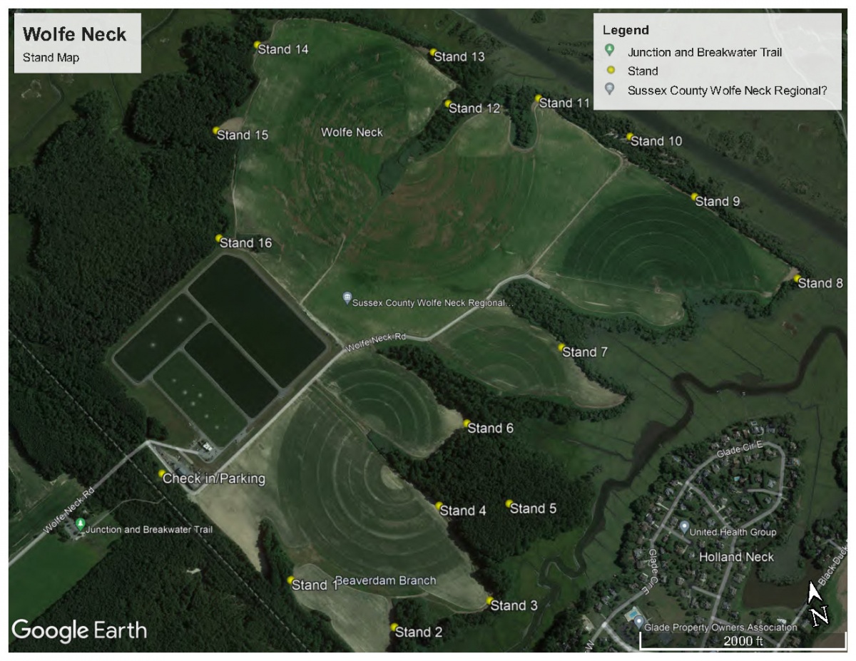 Image of deer stand locations in Wolfe Neck hunting area